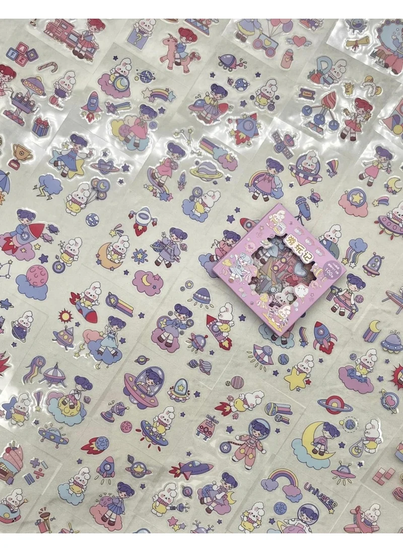 Kağıt Gemi Dükkan Paper Ship Shop Cute Girl and Bunny 100 Sheets Purple Mini Box Sticker Set / Bullet Journal / Scrapbook