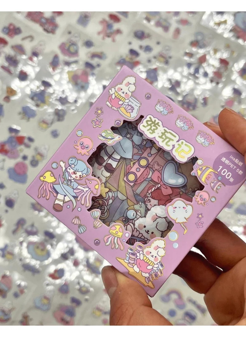 Kağıt Gemi Dükkan Paper Ship Shop Cute Girl and Bunny 100 Sheets Purple Mini Box Sticker Set / Bullet Journal / Scrapbook