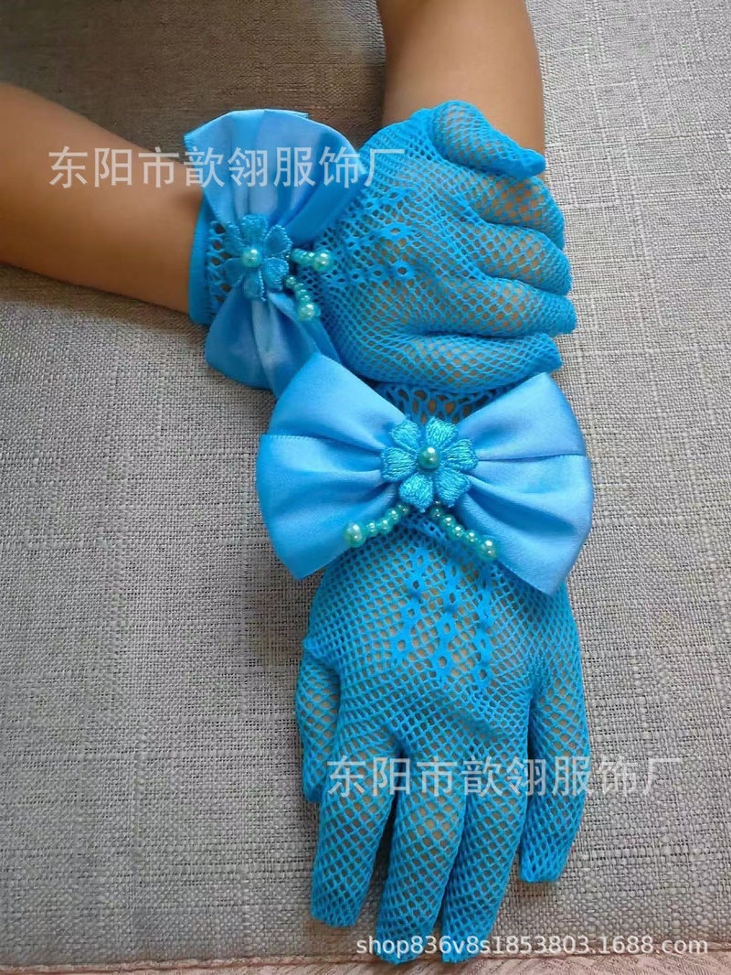 Bridal Lace Fingerless Gloves for Flower Girls Lake blue  - Image 1