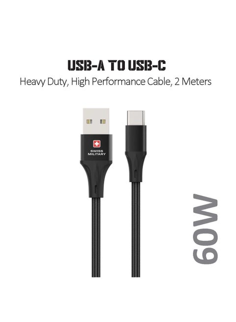 USB to Type C 2M Braided Cable, 60 W Output Capacity with Heat resistant insulated coating, Compatible with Samsung S22+, S22 Ultra,S21+, S21 Ultra, Note 20, A70 and many-Black