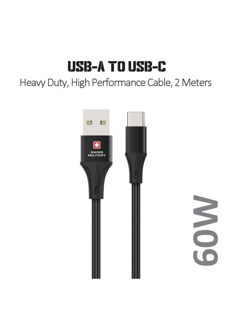 SWISS MILITARY - USB to Type C 2M Braided Cable, 60 W Output Capacity with Heat resistant insulated coating, Compatible with Samsung S22+, S22 Ultra,S21+, S21 Ultra, Note 20, A70 and many-Black - Image 1