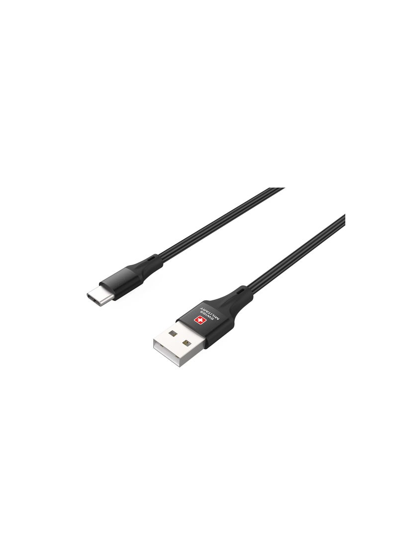 SWISS MILITARY - USB to Type C 2M Braided Cable, 60 W Output Capacity with Heat resistant insulated coating, Compatible with Samsung S22+, S22 Ultra,S21+, S21 Ultra, Note 20, A70 and many-Black - Image 1