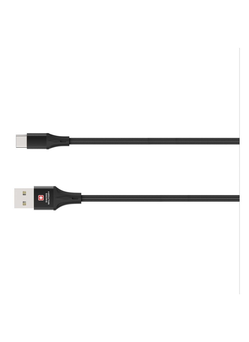 SWISS MILITARY - USB to Type C 2M Braided Cable, 60 W Output Capacity with Heat resistant insulated coating, Compatible with Samsung S22+, S22 Ultra,S21+, S21 Ultra, Note 20, A70 and many-Black - Image 1