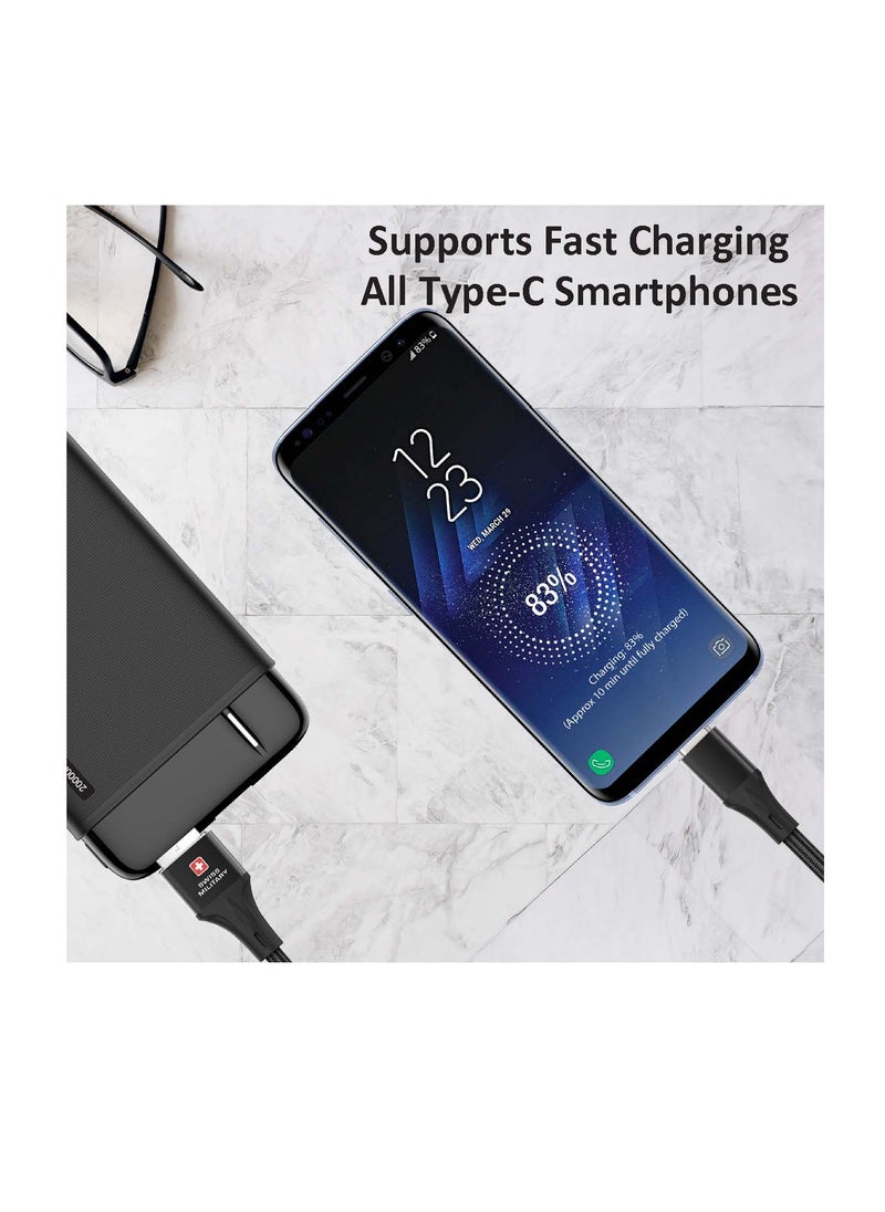 SWISS MILITARY - USB to Type C 2M Braided Cable, 60 W Output Capacity with Heat resistant insulated coating, Compatible with Samsung S22+, S22 Ultra,S21+, S21 Ultra, Note 20, A70 and many-Black - Image 1