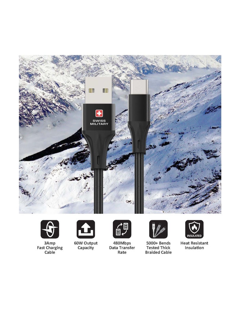 SWISS MILITARY - USB to Type C 2M Braided Cable, 60 W Output Capacity with Heat resistant insulated coating, Compatible with Samsung S22+, S22 Ultra,S21+, S21 Ultra, Note 20, A70 and many-Black - Image 1