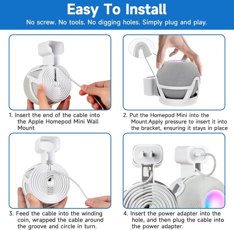 CUHIOY Wall Mount for HomePod Mini, Built-in Cord Management Speaker Stand for Outlet Home Pod, Space-Saving Smart Plug Holder for Homepod, Safe Stable Speaker Accessories(White, 2 Pack) - Image 5