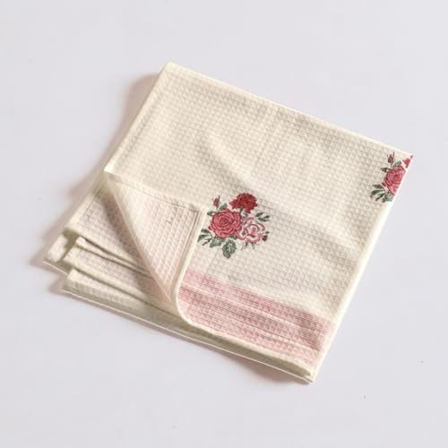Peepul Tree Block Printed Hand and Bath Towels, Super Absorbent, Soft & Faster Drying, Floral Printed 100% Pure Cotton, 240 GSM (1 Bath Towel, Off-White & Pink Roses) - Image 3