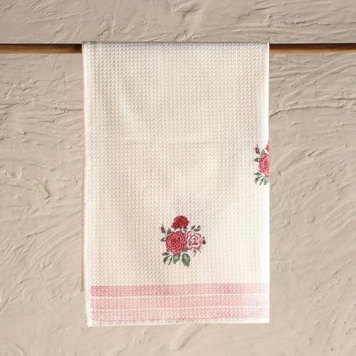 Peepul Tree Block Printed Hand and Bath Towels, Super Absorbent, Soft & Faster Drying, Floral Printed 100% Pure Cotton, 240 GSM (1 Bath Towel, Off-White & Pink Roses) - Image 1