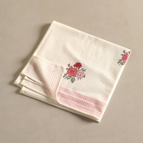 Peepul Tree Block Printed Hand and Bath Towels, Super Absorbent, Soft & Faster Drying, Floral Printed 100% Pure Cotton, 240 GSM (1 Bath Towel, Off-White & Pink Roses) - Image 2