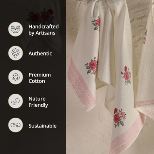 Peepul Tree Block Printed Hand and Bath Towels, Super Absorbent, Soft & Faster Drying, Floral Printed 100% Pure Cotton, 240 GSM (1 Bath Towel, Off-White & Pink Roses) - Image 5