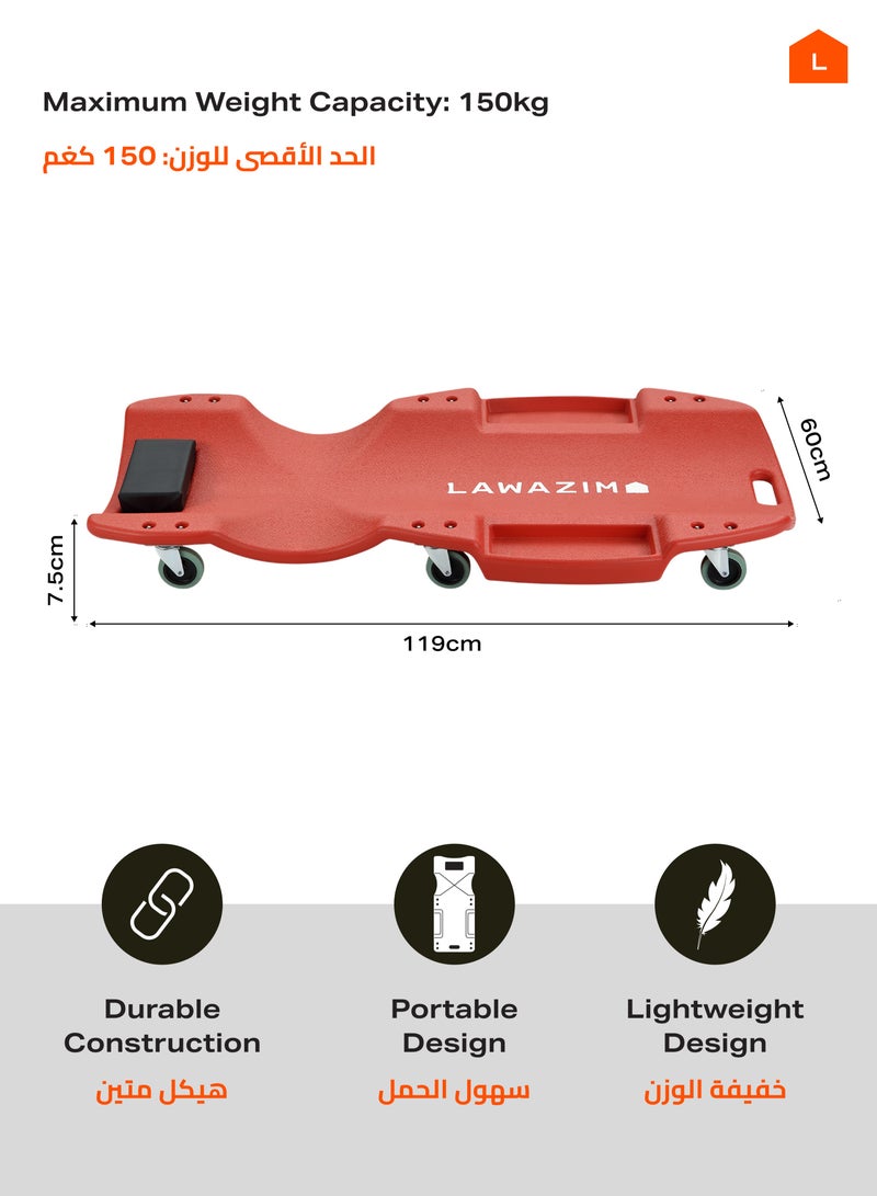LAWAZIM Plastic Car Creeper 48inch - Black - Mechanic Garage Creeper with Sponge-Cushioned Headrest, Smooth-Rolling Wheels, Dual Tool Trays, and Carrying Handle - Ideal for Automotive Maintenance and Repairs - Image 2
