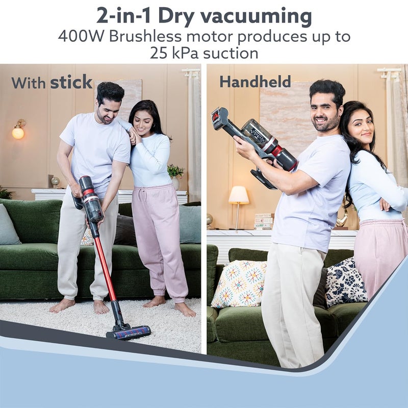 AGARO Supreme Cordless Stick Vacuum Cleaner2In1 HandheldStick400W Motor25 Kpa Suction Power3 Adjustable Suction ModesAdjustable HeadBagless Dry VacummingRedHepa Filter05 Litre1 Count - Image 2