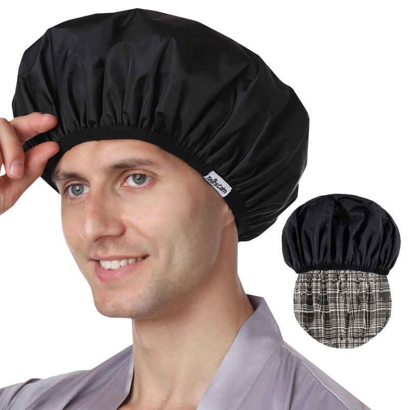 Years calm Men Shower Cap Reusable Waterproof, Dual-Layer Design, Double-Sided Use,Protects Hair in Shower, Spa, Travel & Cooking, Adjustable Elastic for Comfortable Fit (Black Plaid, One Size) - Image 1