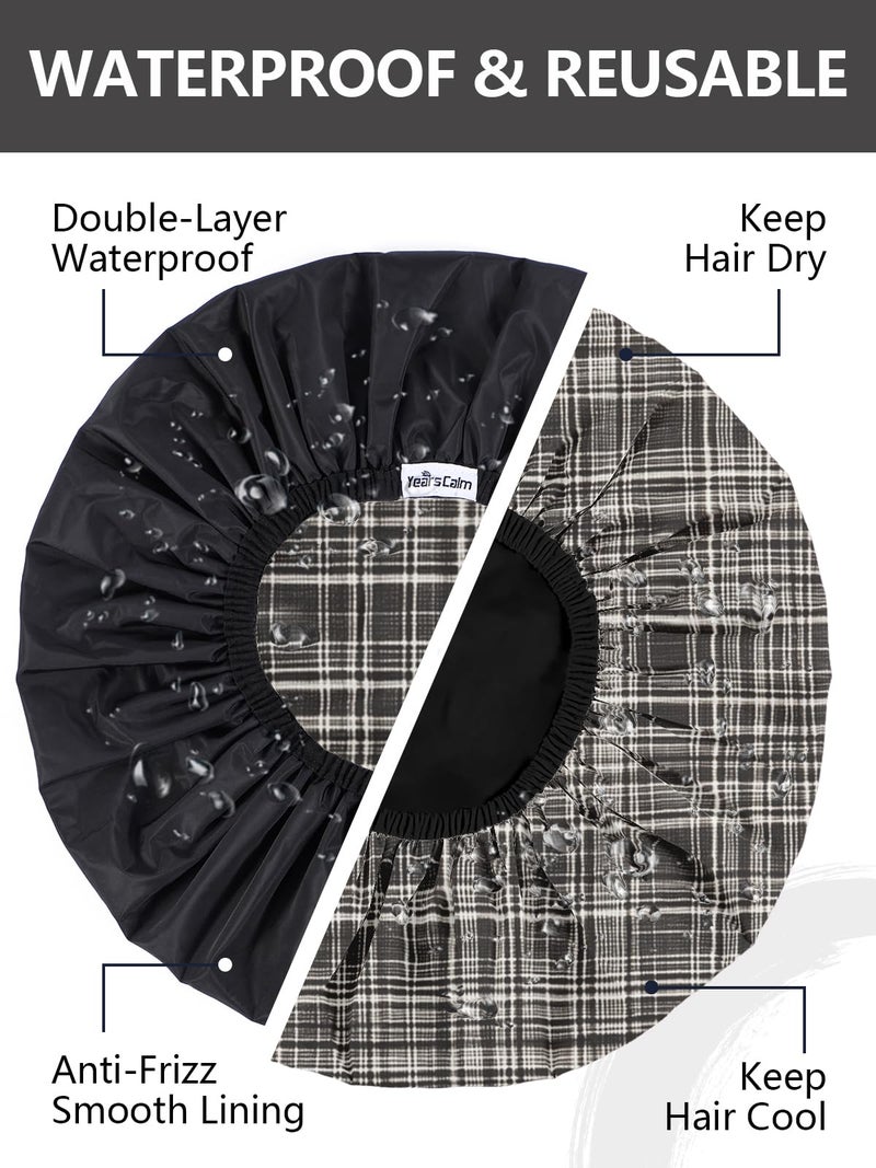 Years calm Men Shower Cap Reusable Waterproof, Dual-Layer Design, Double-Sided Use,Protects Hair in Shower, Spa, Travel & Cooking, Adjustable Elastic for Comfortable Fit (Black Plaid, One Size) - Image 2