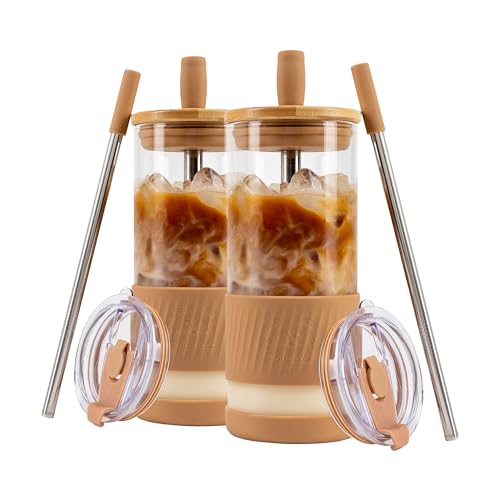 Pandaloo® Glass Cups With Lids and Straws -20 Fl Oz- Perfect Size Iced Coffee Cup - Smoothie Cup With Bamboo Lid and On the go Lid - Glass Tumbler With Straw (2 Count (Pack of 1), Amber Sand) - Image 1