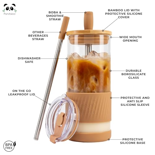 Pandaloo® Glass Cups With Lids and Straws -20 Fl Oz- Perfect Size Iced Coffee Cup - Smoothie Cup With Bamboo Lid and On the go Lid - Glass Tumbler With Straw (2 Count (Pack of 1), Amber Sand) - Image 2
