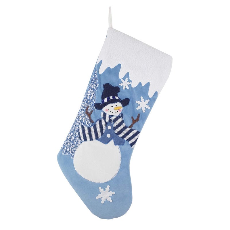 Etistta Classic 19 Inch Blue Christmas Stockings Set Of 3  Blue White Christmas Decor Velvet Applique Snow Stockings For Christmas Fireplace Decorations - Santa  Snowman - Image 4