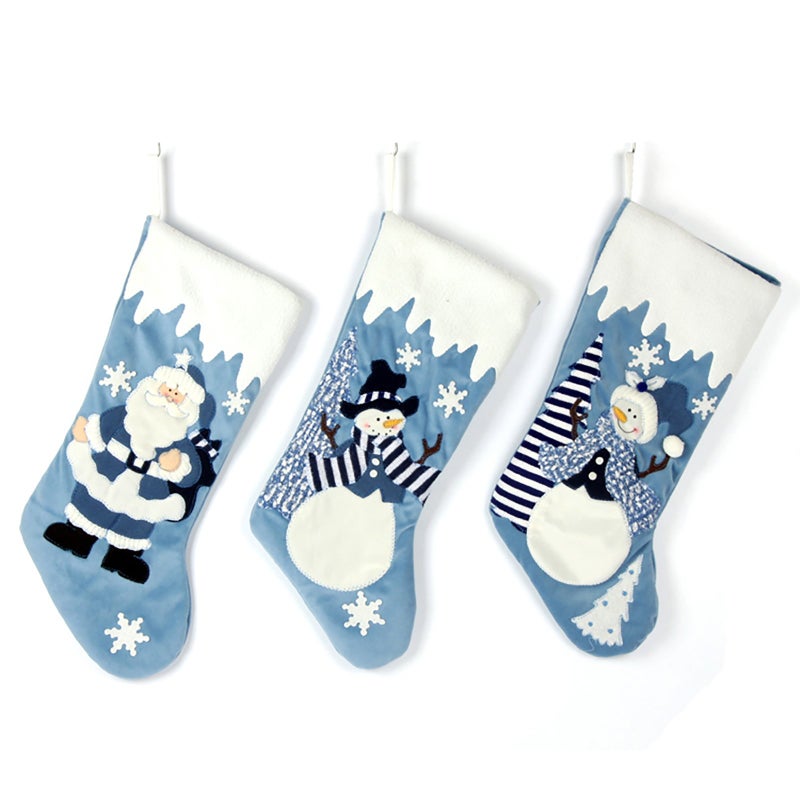 Etistta Classic 19 Inch Blue Christmas Stockings Set Of 3  Blue White Christmas Decor Velvet Applique Snow Stockings For Christmas Fireplace Decorations - Santa  Snowman - Image 1