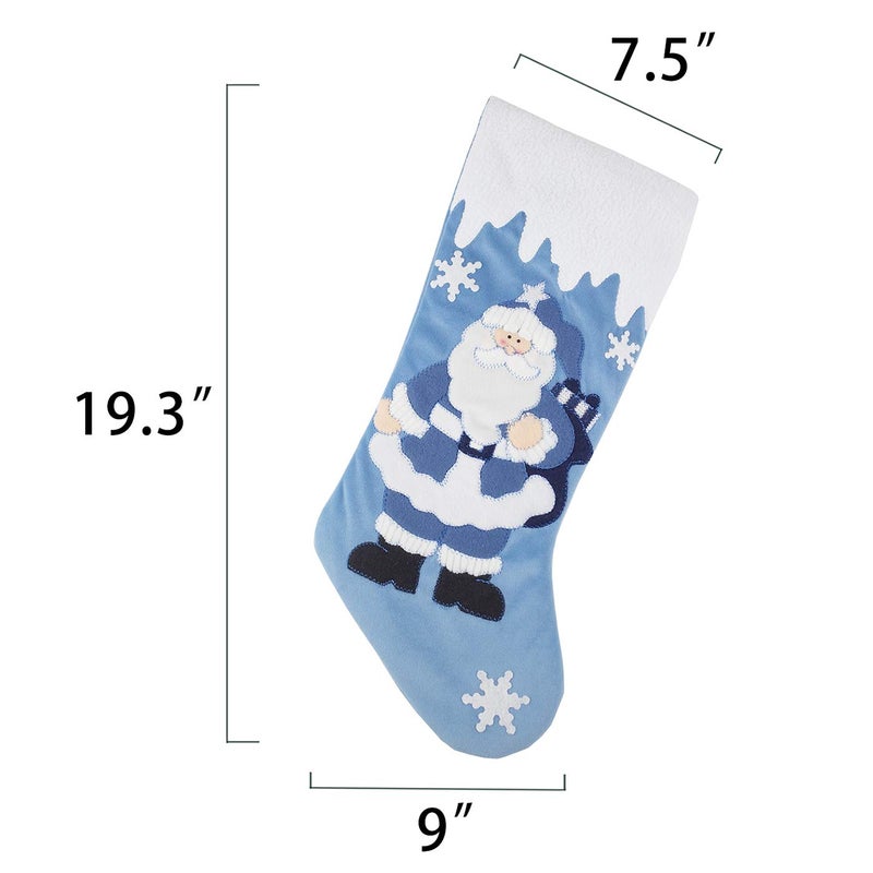 Etistta Classic 19 Inch Blue Christmas Stockings Set Of 3  Blue White Christmas Decor Velvet Applique Snow Stockings For Christmas Fireplace Decorations - Santa  Snowman - Image 2