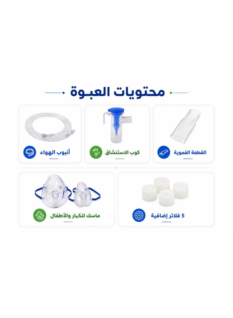 بيدو جهاز نيبولايزر ضاغط عالي الكفاءة لتوصيل الأدوية عبر الاستنشاق مع كوب رذاذ وقطعة فموية وملحقات متكاملة - Image 3