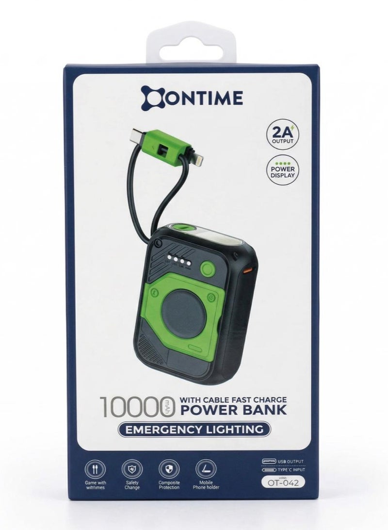 10000mAh Power Bank with Built-in Cable, 2A Fast Charging, and Emergency Lighting