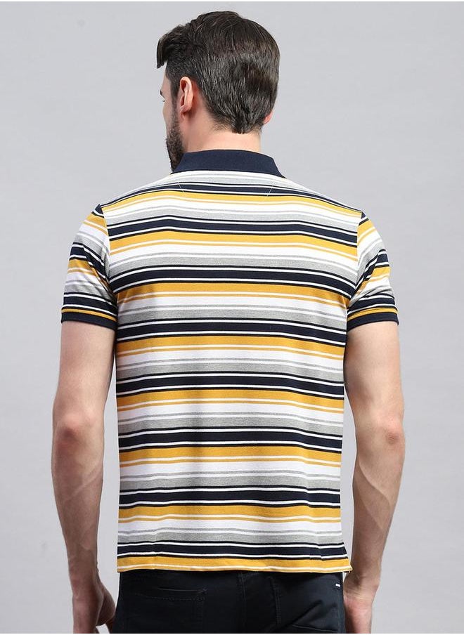 Monte Carlo - Men Yellow & White Striped Collared Neck Half sleeve T-shirt by Styli - Image 1