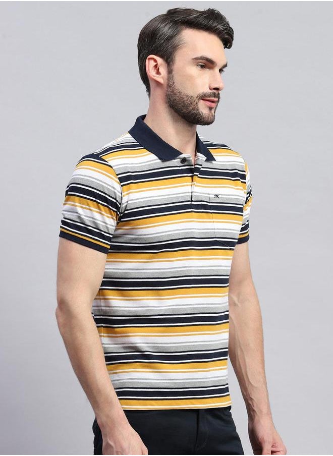 Monte Carlo - Men Yellow & White Striped Collared Neck Half sleeve T-shirt by Styli - Image 1