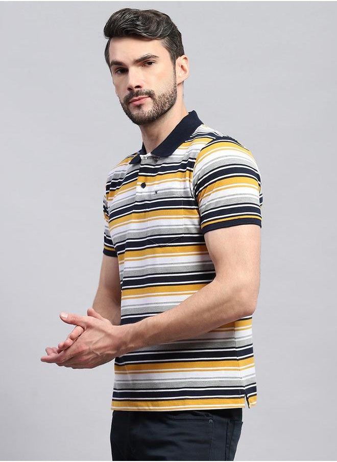 Monte Carlo - Men Yellow & White Striped Collared Neck Half sleeve T-shirt by Styli - Image 1