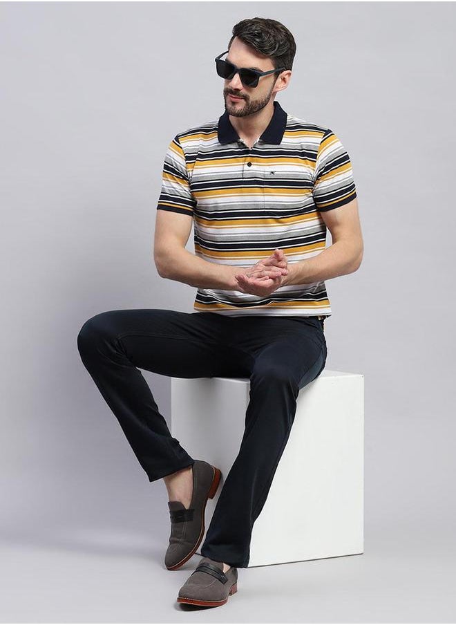 Monte Carlo - Men Yellow & White Striped Collared Neck Half sleeve T-shirt by Styli - Image 1