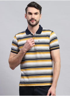 Men Yellow & White Striped Collared Neck Half sleeve T-shirt by Styli