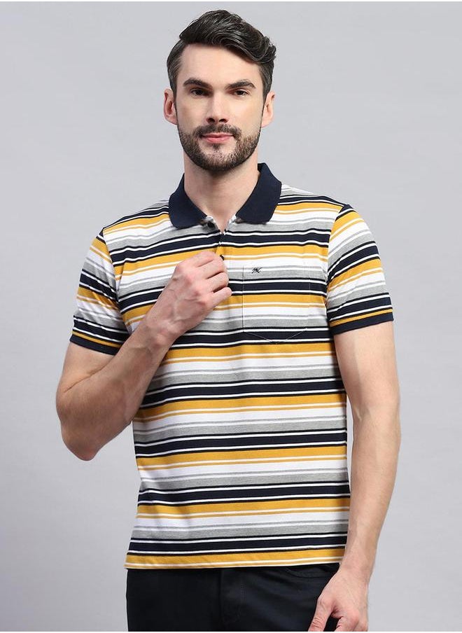 Monte Carlo - Men Yellow & White Striped Collared Neck Half sleeve T-shirt by Styli - Image 1
