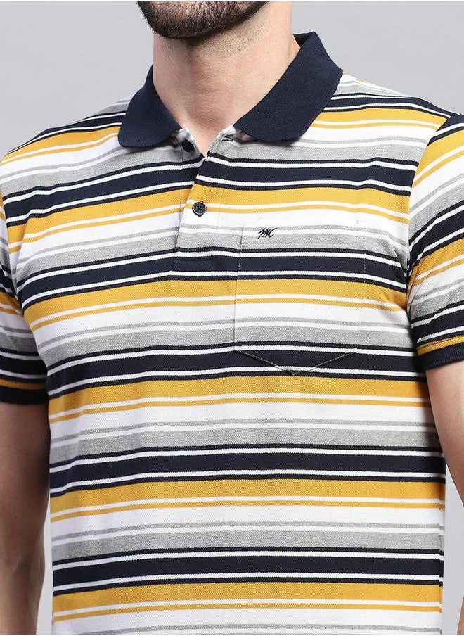 Monte Carlo - Men Yellow & White Striped Collared Neck Half sleeve T-shirt by Styli - Image 1