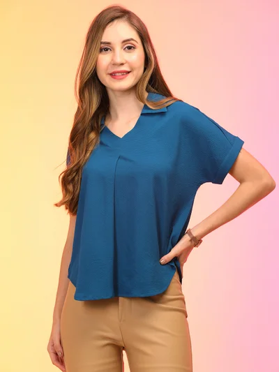 globus Globus Women Blue Collar V-Neck Workwear Shirt Style Top