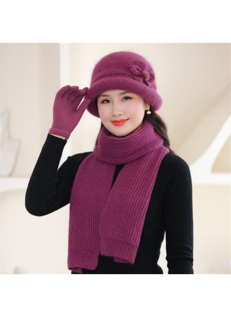 Generic - Autumn Winter Warm Fleece-Lined Knit Rabbit Hat Womens Thickened Scarf Bowl Hat Korean Trendy For Middle-Aged And Elderly Wine red - Image 1