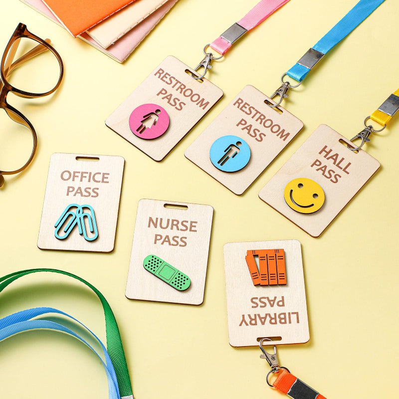 Chiisong 6 Sets Hall Pass Lanyards And School Passes Set Unbreakable Wooden Bathroom Passes For Classrooms Hall  Restroom  Library  Office And Nurse School Teacher Supplies Gift - Image 4