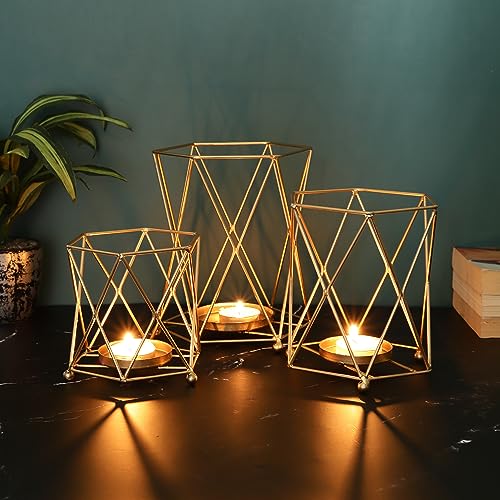 Heyearth Tealight Candle Holder Size - 3.5 Inch (Pack of 3) Tealight Holder | Candle Holders for Home Decoration | Heat Resistance with Aesthetic Appeal | Best for Gifting & Diwali Decoration | Gold - Image 1