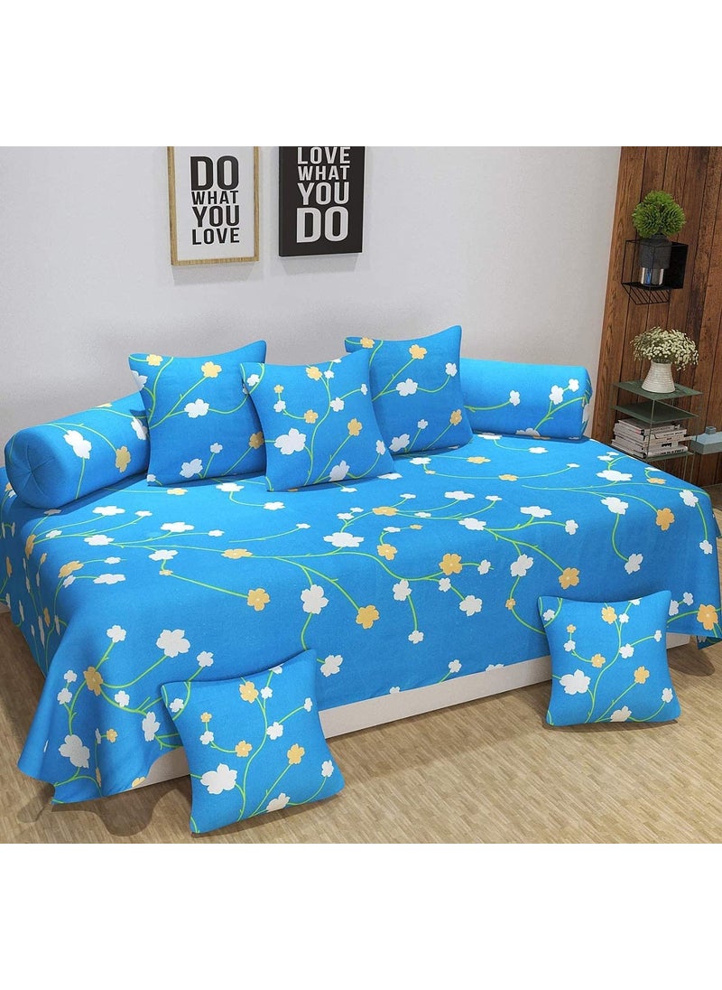 BREVARD BREVARD 160 TC Glace Cotton 8 Pieces Diwan Set Including 1 Bedsheet 5 Cushion Covers 2 Bolster Covers Blue Yellow Flower  - Image 2