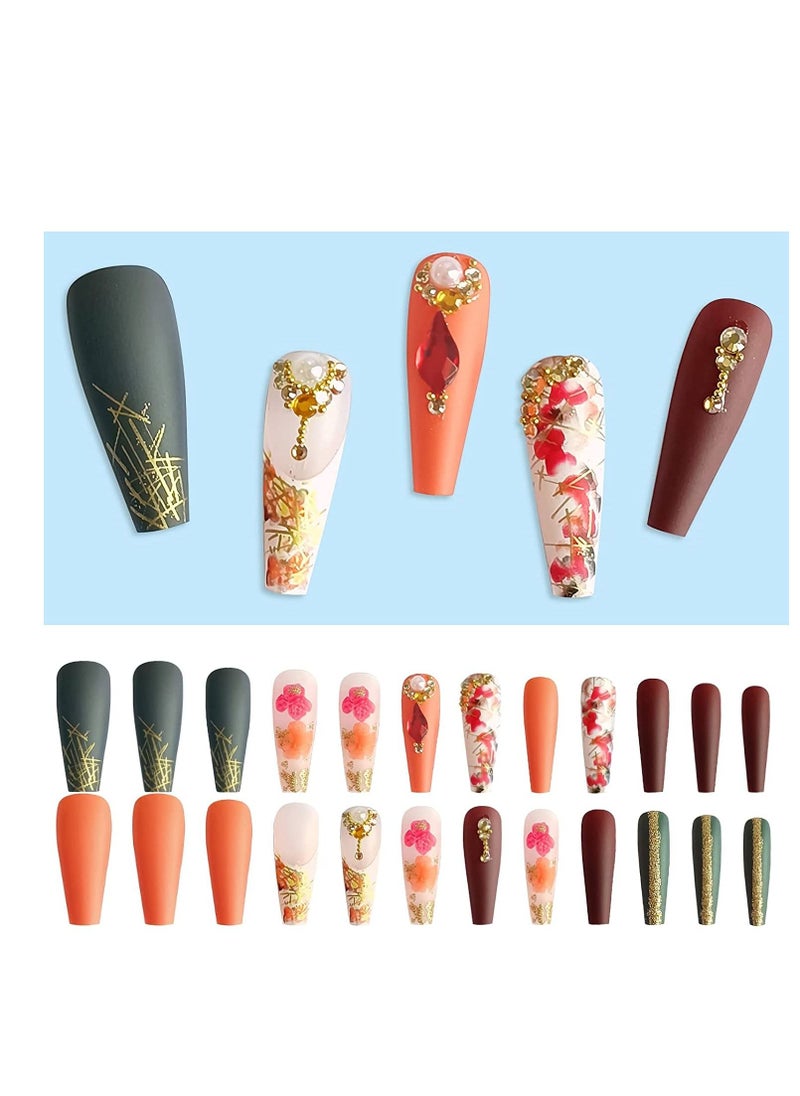 SYOSI 24 PCS Fall Press on Nails Long Glossy Acrylic Glue on Nails for Women Gold Glitter Coffin Nails Long Fake Nails  - Image 5