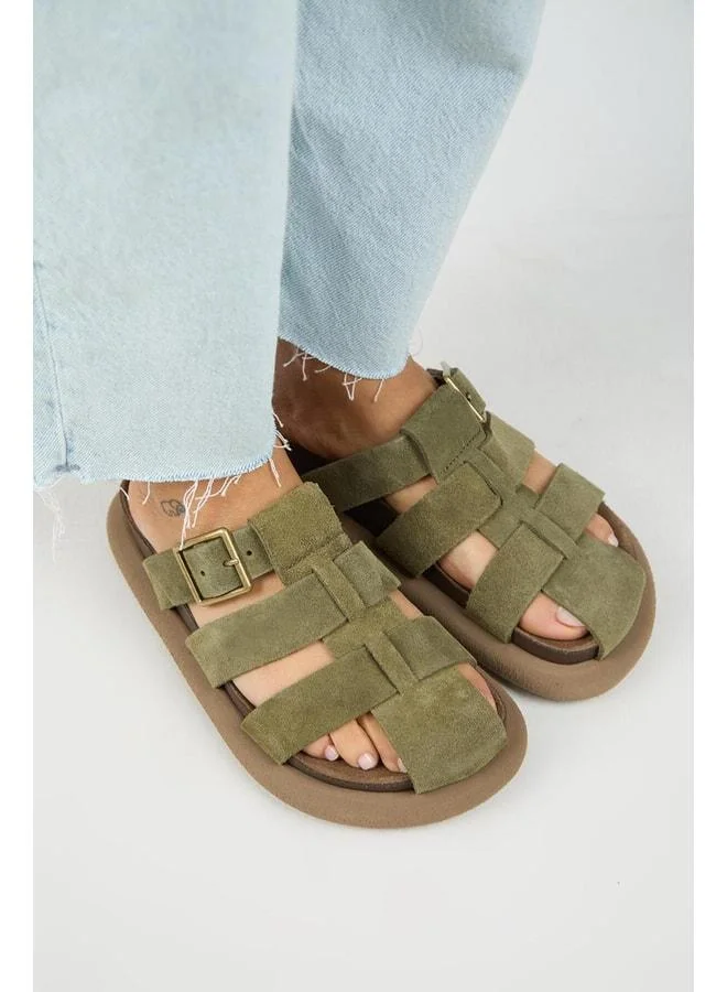 Manijero  Brancato Women's Genuine Leather Buckle Strap Khaki Slipper for Women | Best Price UAE