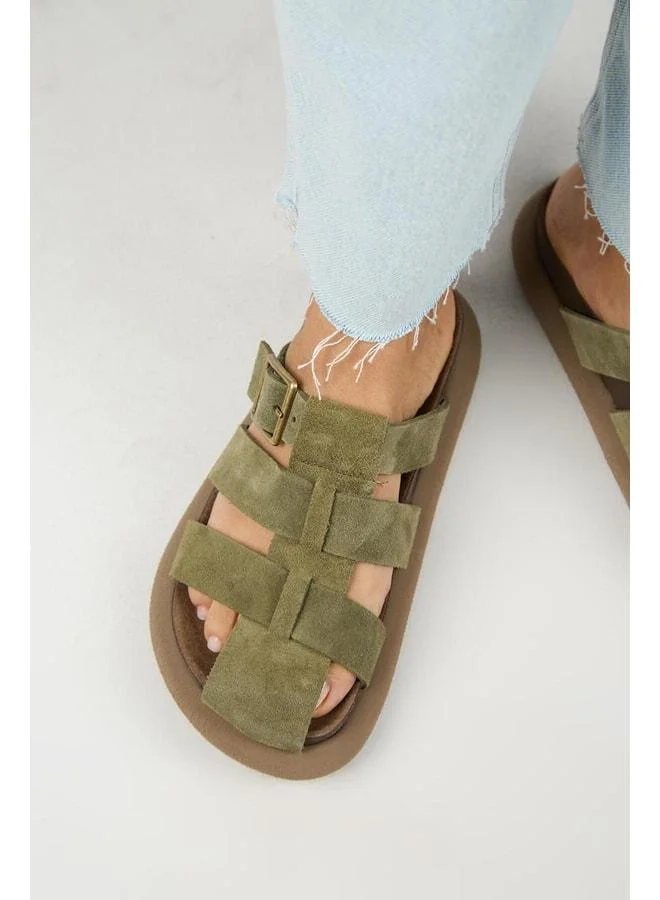 Brancato Women's Genuine Leather Buckle Strap Khaki Slipper