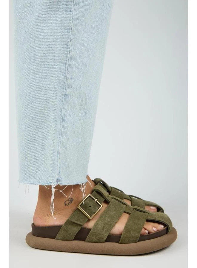 Manijero  Brancato Women's Genuine Leather Buckle Strap Khaki Slipper for Women | Best Price UAE