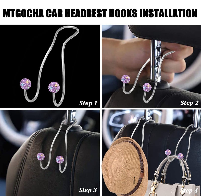 MTGOCHA Bling Purse Hook for Car Headrest Hooks Upgraded Cute Car Purse Hooks Car Seat Hooks for Headrest Metal Car Bag Hooks Car Purse Holder Hook Hanger Bling Car Accessories for Women,Light Purple - Image 4