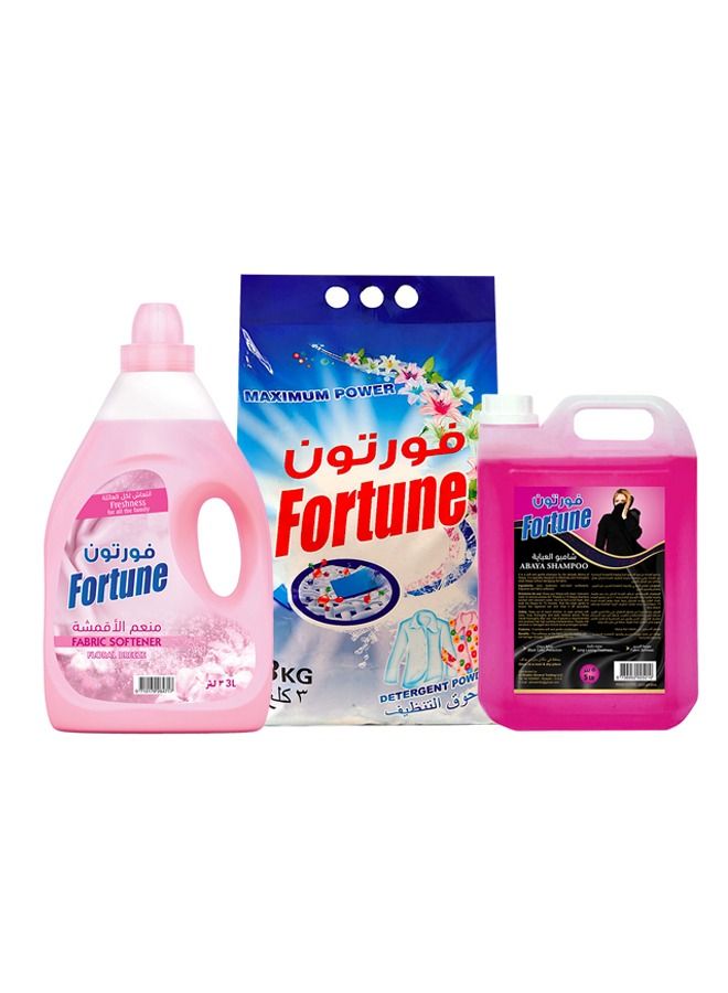 Fortune Bundle Detergent Powder 3Kg + Fabric Softner Pink 3L + Abaya Shampoo 5L - Image 1