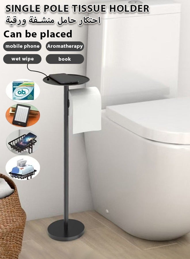 Toilet Paper Holder Stand with Top Storage Shelf, Black Toilet Paper Roll Holder Free Standing,Toilet tissue holder, washbasin, floor standing non perforated roll paper holder, toilet paper holder with phone holder - Image 1
