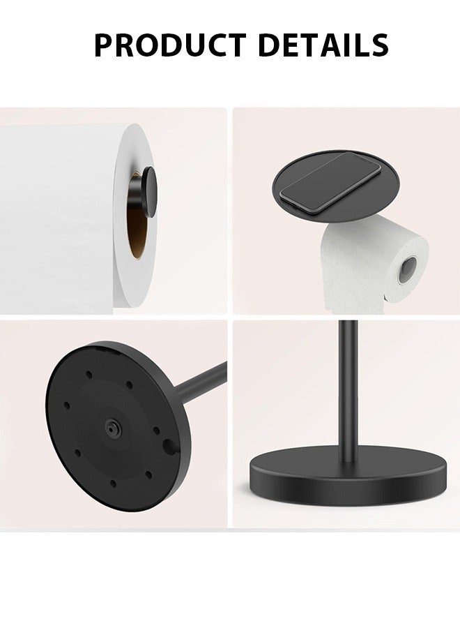 Toilet Paper Holder Stand with Top Storage Shelf, Black Toilet Paper Roll Holder Free Standing,Toilet tissue holder, washbasin, floor standing non perforated roll paper holder, toilet paper holder with phone holder - Image 3