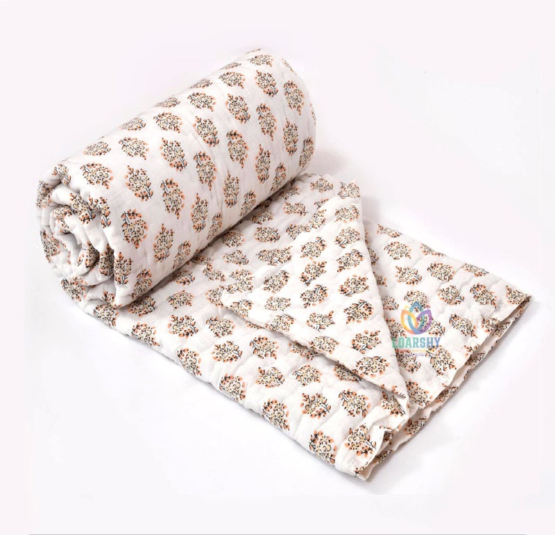 LOARSHY Rajasthani Jaipuri Cotton Single Bed Razai Floral Hand Block Printed AC Rajai Light Weight Soft Malmal Quilt (55X85 Size, Peach & White) - Image 4