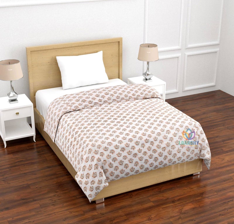 LOARSHY Rajasthani Jaipuri Cotton Single Bed Razai Floral Hand Block Printed AC Rajai Light Weight Soft Malmal Quilt (55X85 Size, Peach & White) - Image 2