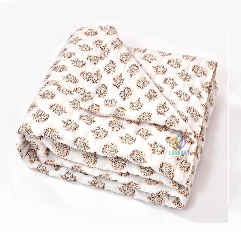 LOARSHY Rajasthani Jaipuri Cotton Single Bed Razai Floral Hand Block Printed AC Rajai Light Weight Soft Malmal Quilt (55X85 Size, Peach & White) - Image 5