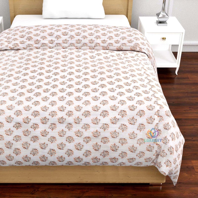 LOARSHY Rajasthani Jaipuri Cotton Single Bed Razai Floral Hand Block Printed AC Rajai Light Weight Soft Malmal Quilt (55X85 Size, Peach & White) - Image 3