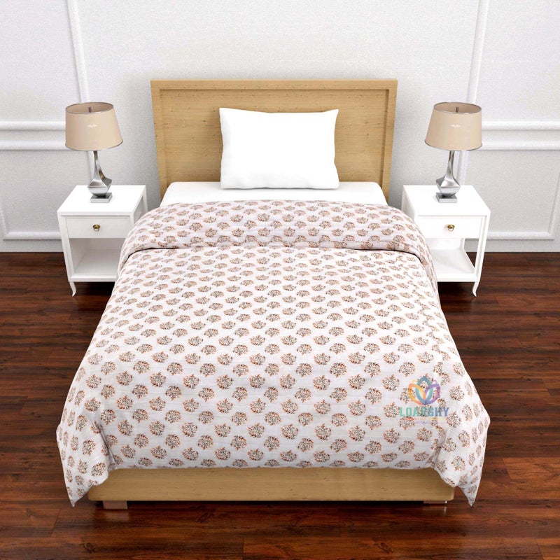 LOARSHY Rajasthani Jaipuri Cotton Single Bed Razai Floral Hand Block Printed AC Rajai Light Weight Soft Malmal Quilt (55X85 Size, Peach & White) - Image 1
